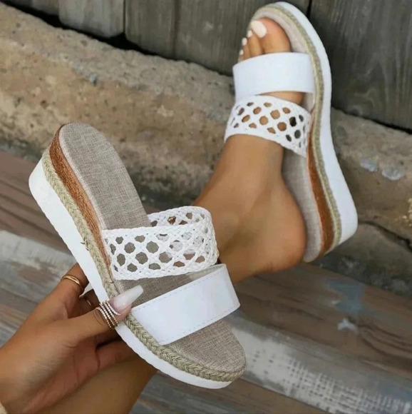 Women Ultra Lightweight Open Toe Brown Wedge Sandals, Woven Details Summer - Picture 7 of 11